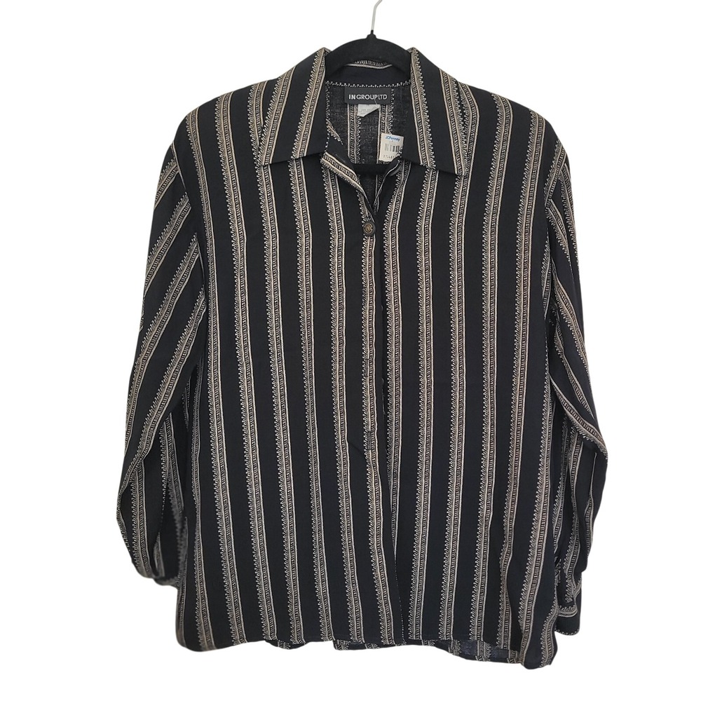 VTG with tags Women's Striped Rayon Button-Up Shirt Black Beige Long Sleeve Sz L
